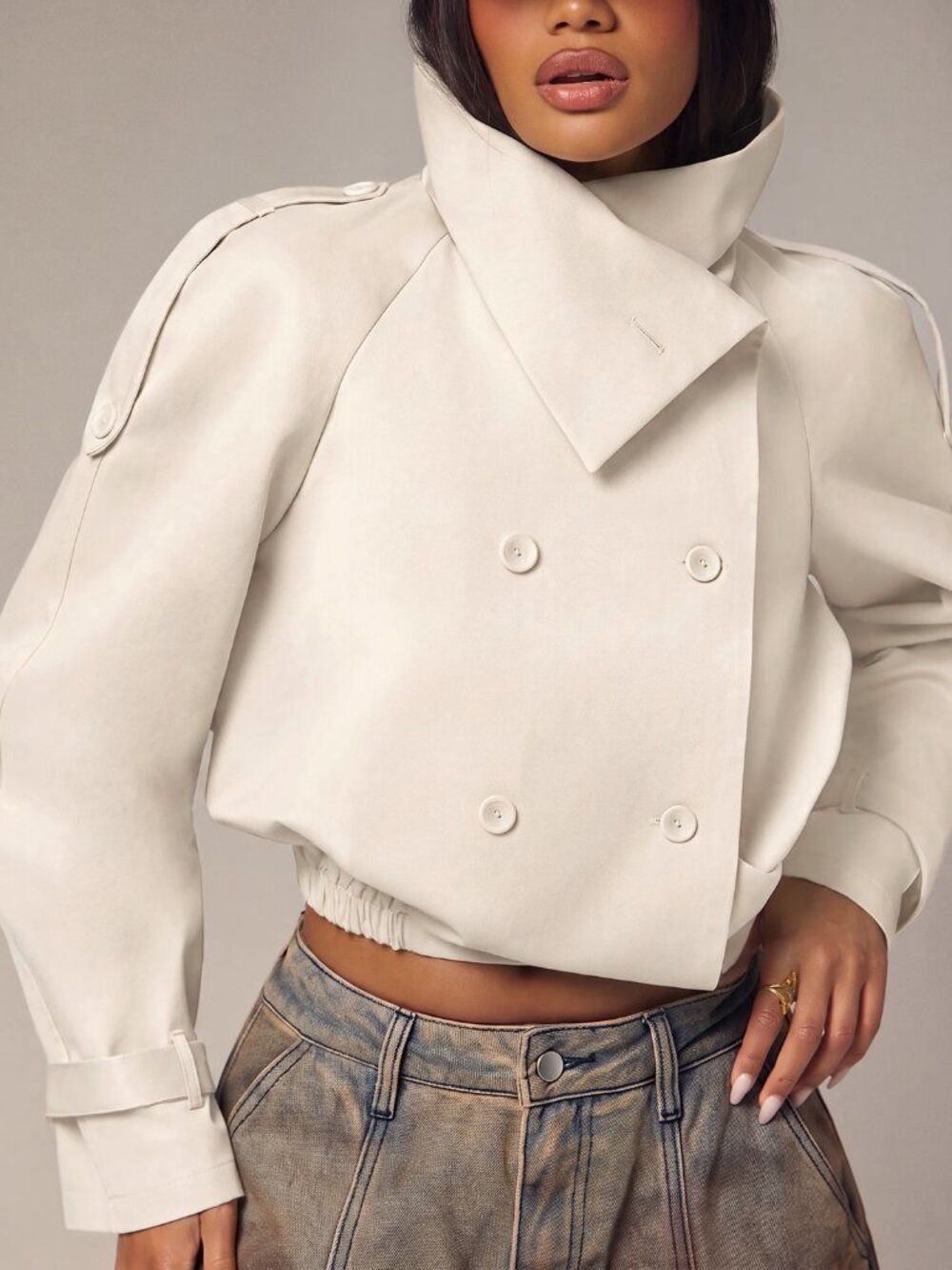 Beige Elegant Women's Short Trench Coat Jacket